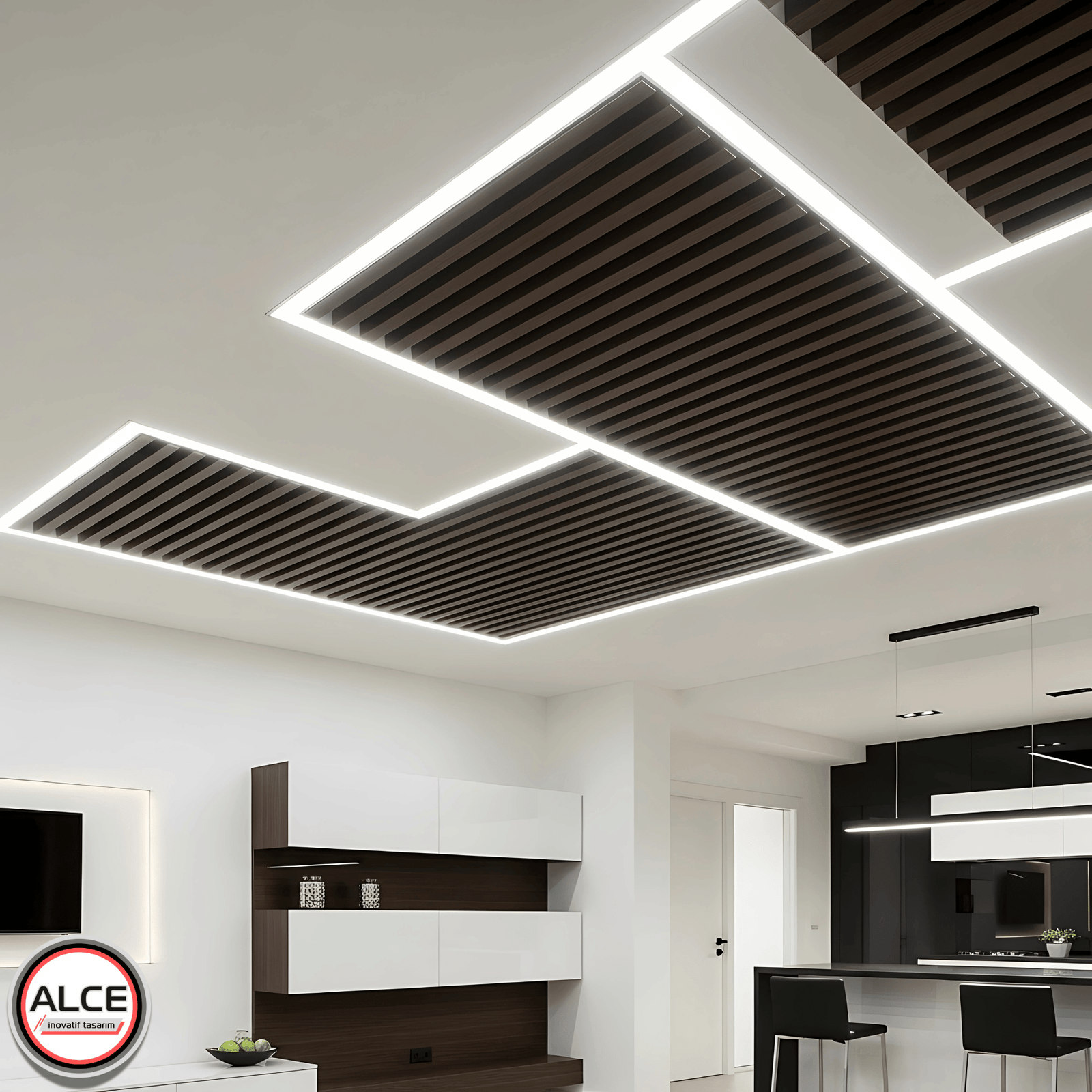 Aydınlatma ve servis sistemleriyle bütünleşen bu koyu ahşap görünümlü metal baffle asma tavan tasarımı, beyaz lineer LED aydınlatmalarla yaşam alanında estetik ve profesyonel bir bütünlük sunar – Alce İnovatif Tasarım